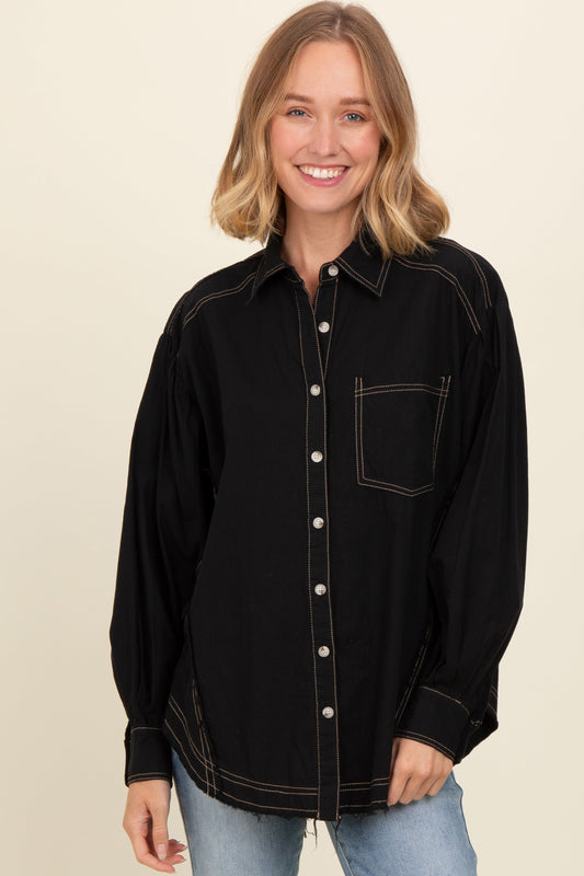 Black Contrast Stitch Button Up Collared Long Sleeve Top