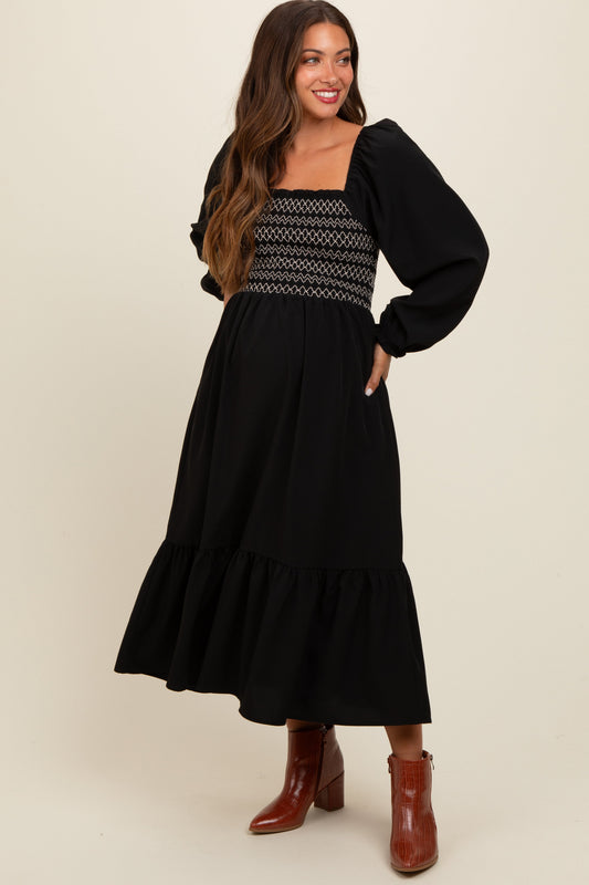 Black Contrast Smocked Balloon Sleeve Maternity Midi Dress