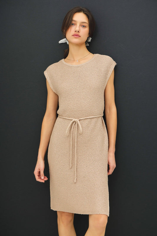 Beige Waffle Knit Sash Tie Short Sleeve Dress