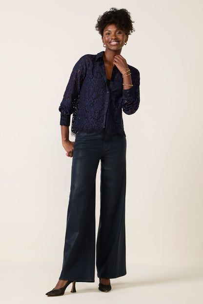 Lace Contrast Button Down