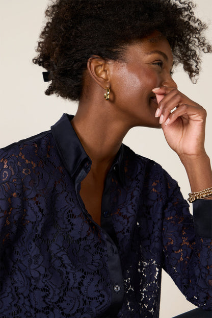 Lace Contrast Button Down