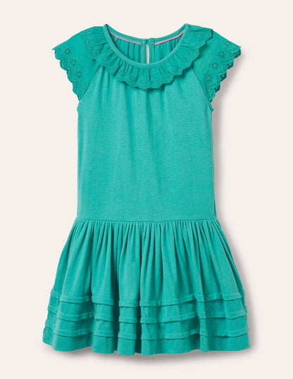 Broderie Detail Jersey Dress-Dark Turquoise Green