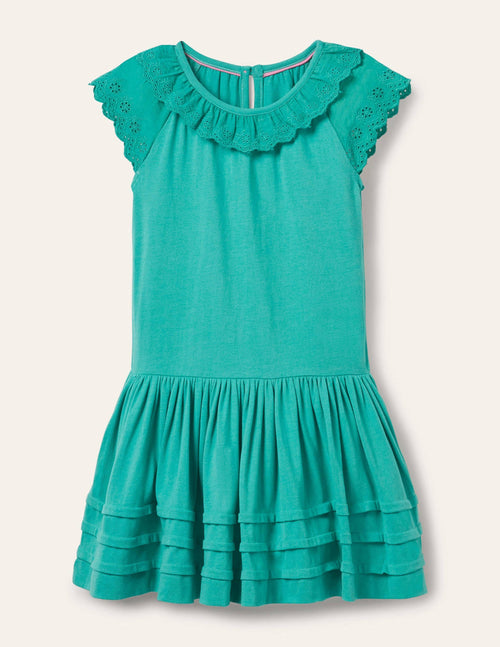 Broderie Detail Jersey Dress-Dark Turquoise Green