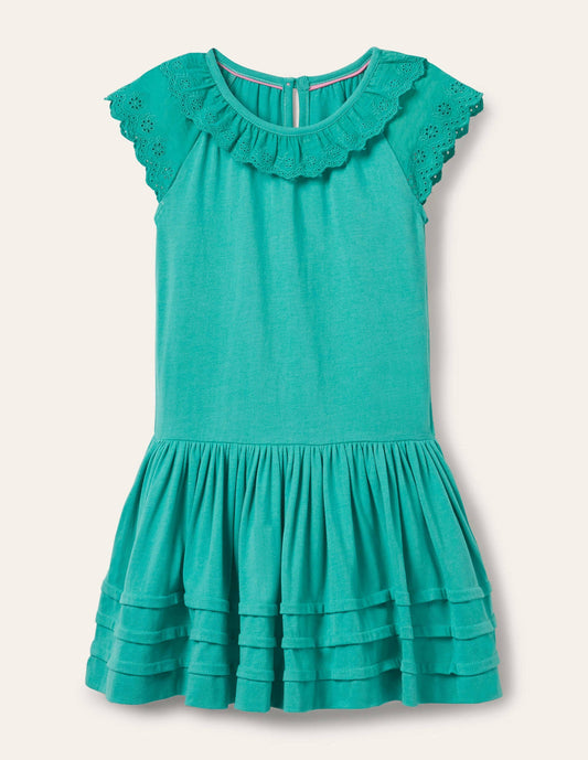 Broderie Detail Jersey Dress-Dark Turquoise Green