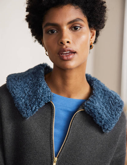 Borg Cropped Coatigan-Charcoal Melange