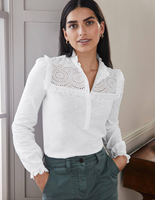 Broderie Yoke Jersey Top-White