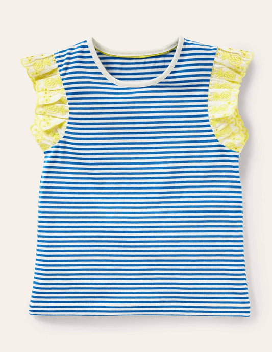 Broderie Sleeve Top-Bright Marina Blue / Ivory