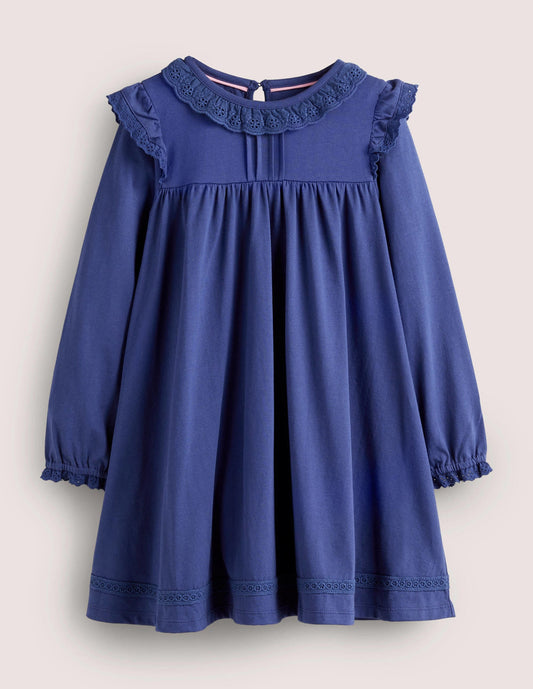 Broderie Frill Dress-Starboard Blue
