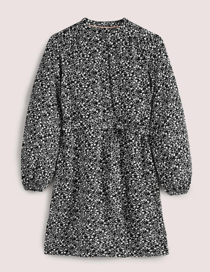 Belted Jersey Shirt Dress-Black, Floral Pebble