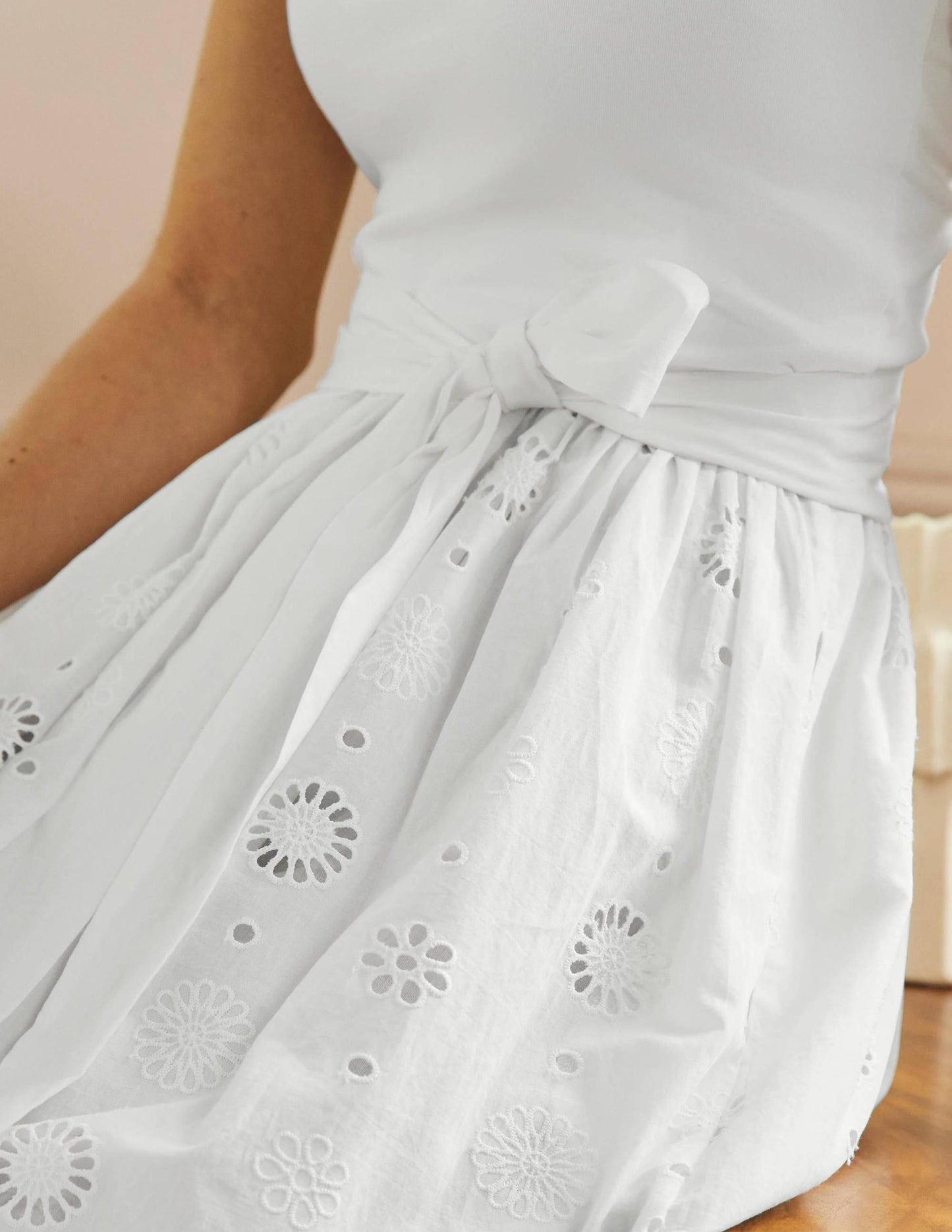 Broderie Mix Midi Dress-White