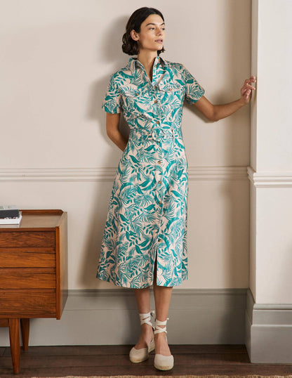 Belted Midi Shirt Dress-Milkshake, Tropic Foliage