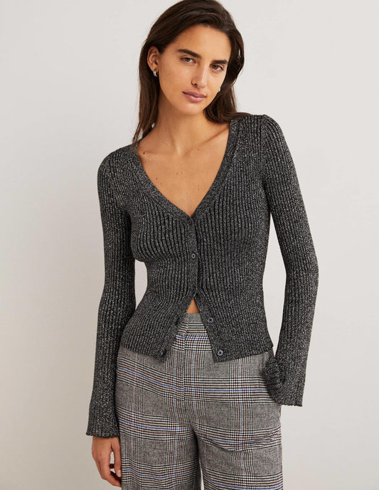 Black Ribbed Metallic Cardigan-Silver, Black