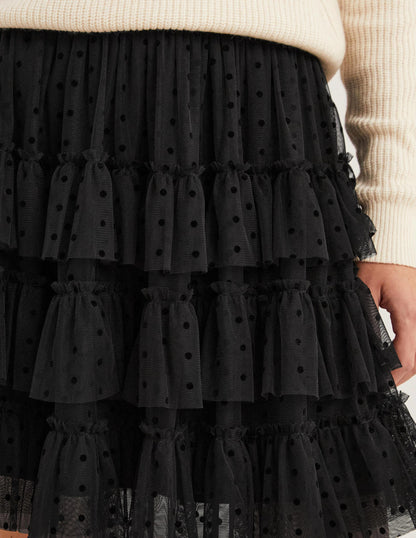 Black Polka Dot Ruffle Tulle Mini Skirt-Black