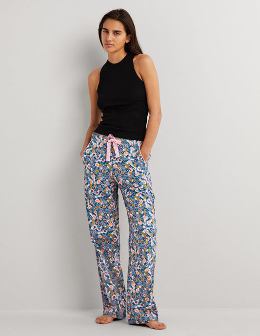 Blue Floral Pajama Bottoms-Mid Blue, Opulent Leaf