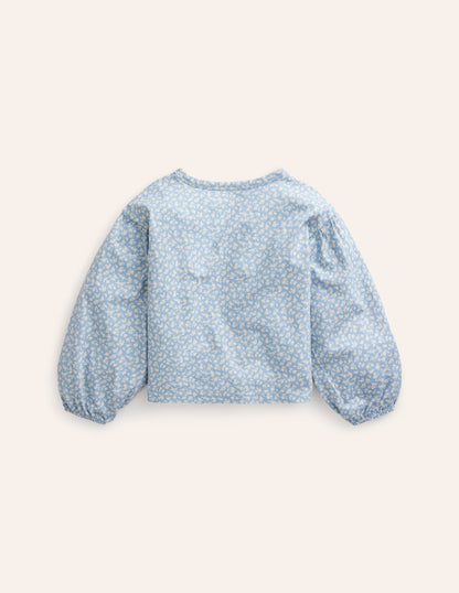 Blouson Sleeve Logo Top-Vintage Blue Ditsy Rainbow