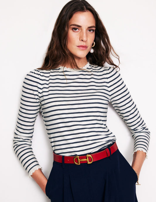 Broderie Trim Stripe Top-Ivory, Navy Stripe