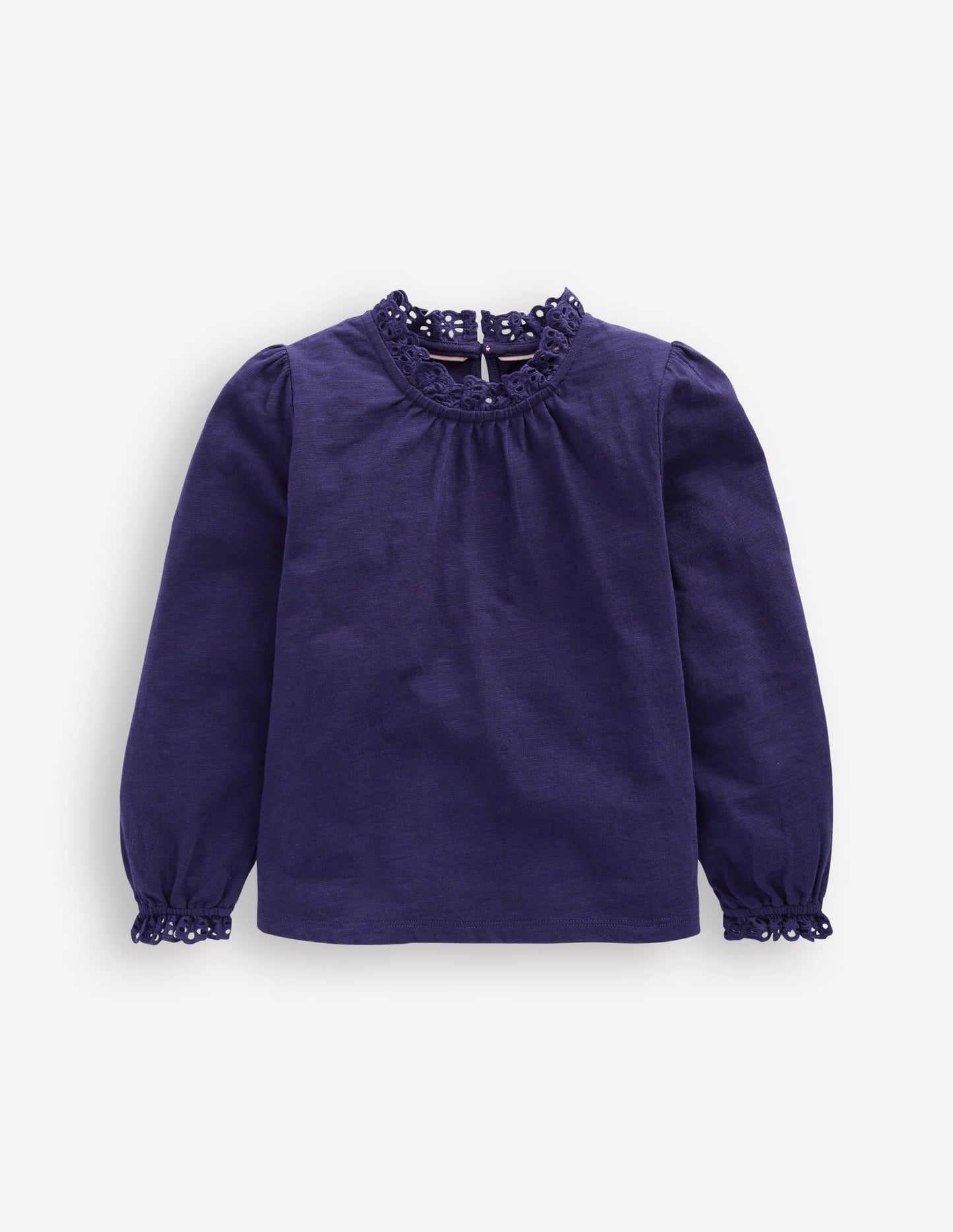Broderie Trim Jersey Top-Starboard Blue