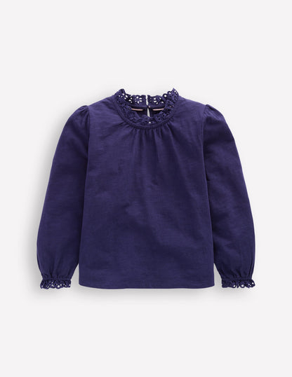 Broderie Trim Jersey Top-Starboard Blue