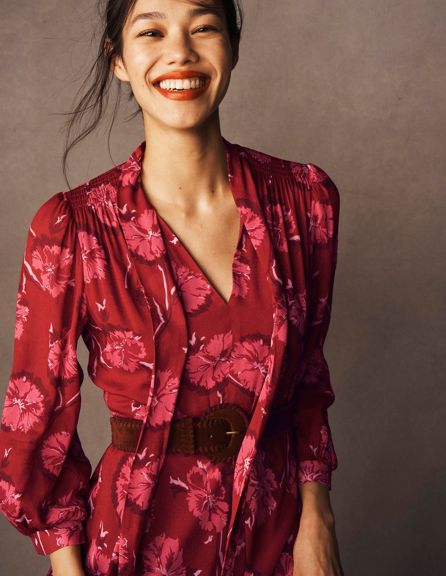 Brooke Tie Neck Tea Dress-Cranberry Red, Delicate Vine