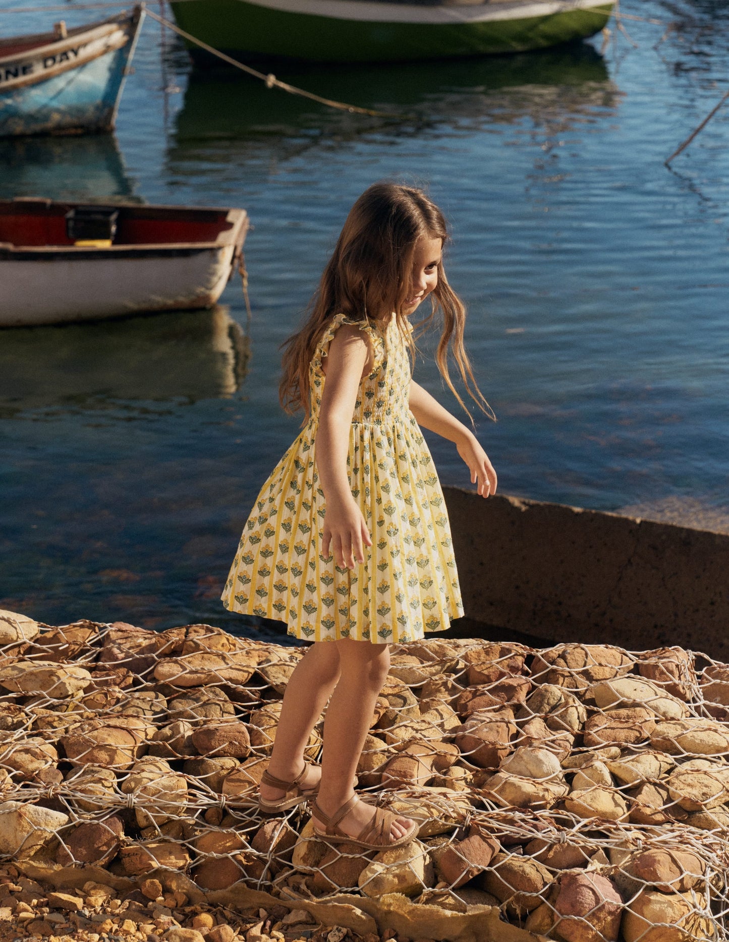 Bow Back Shirred Dress-Honeycomb Yellow Flower Stem