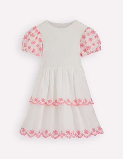 Broderie Rara Jersey Dress-Soft Ivory/ Salmon Pink