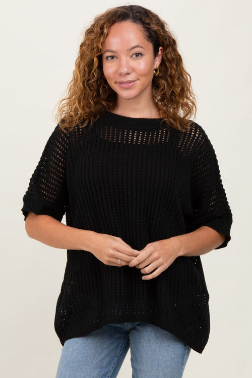 Black Crochet Knit Short Dolman Sleeve Top