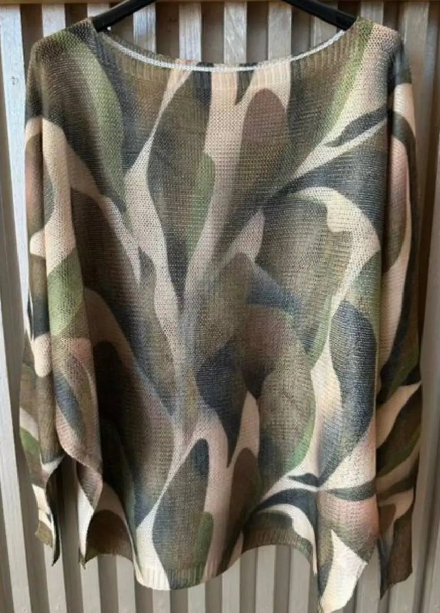 Olive Abstract Round Neck Knit Printed Sweater