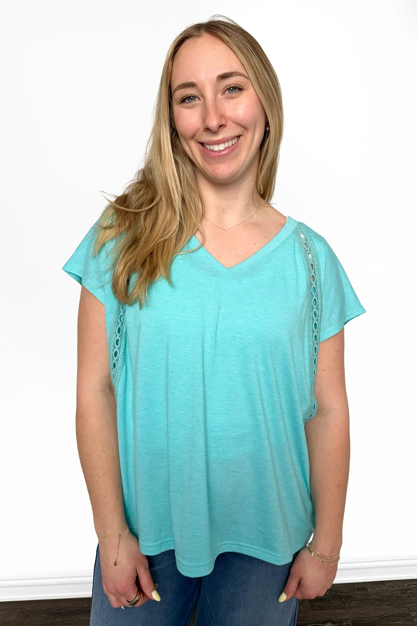 ALB Custom Women's Feminine Eyelet Trim V-Neck Top