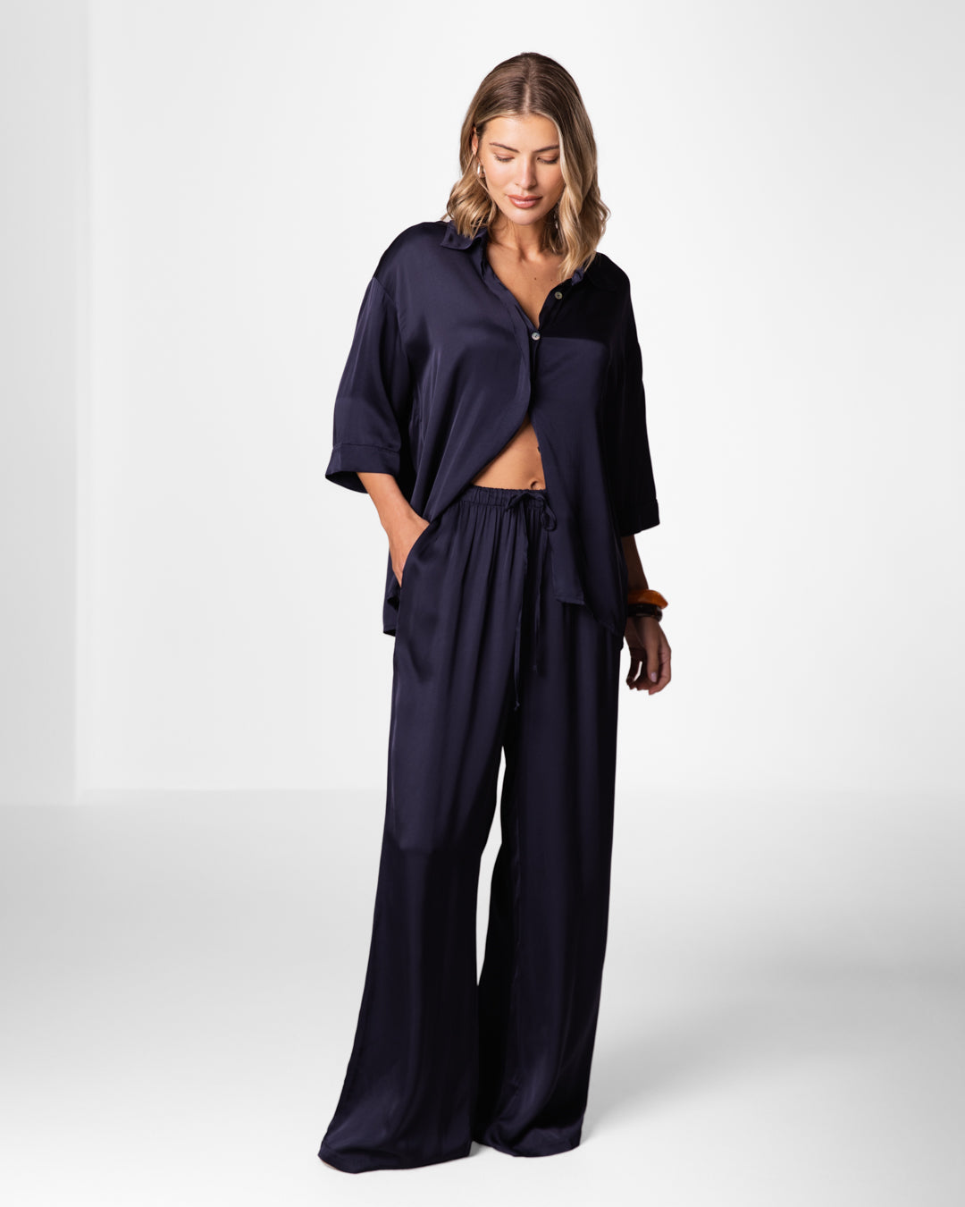 Rhea Satin Shirt | Navy