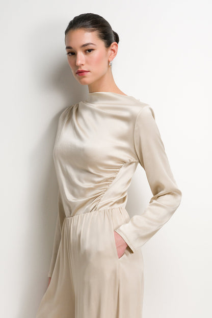 Helena Elastic Waist Satin Trousers | Light Beige