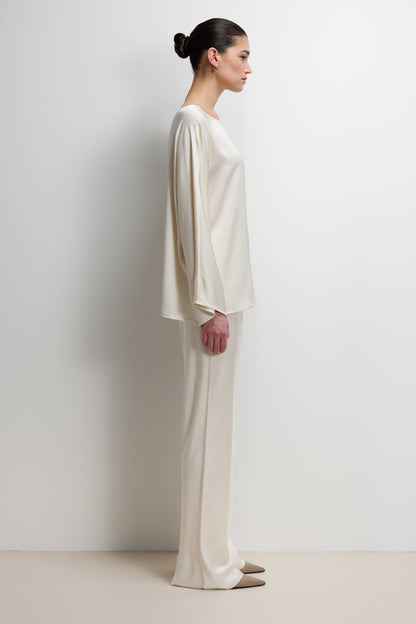 Arlet Wide Sleeve Boatneck Satin Top | Ivory