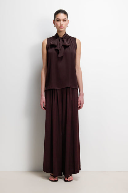 Lyanne Bow Neck Tie Satin Blouse | Espresso Brown Moire