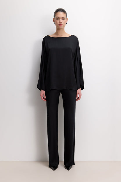 Genet Elastic Waist Bias Satin Trousers | Black