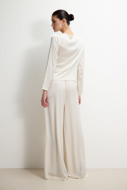 Claudia Elastic Waist Satin Trousers | Ivory