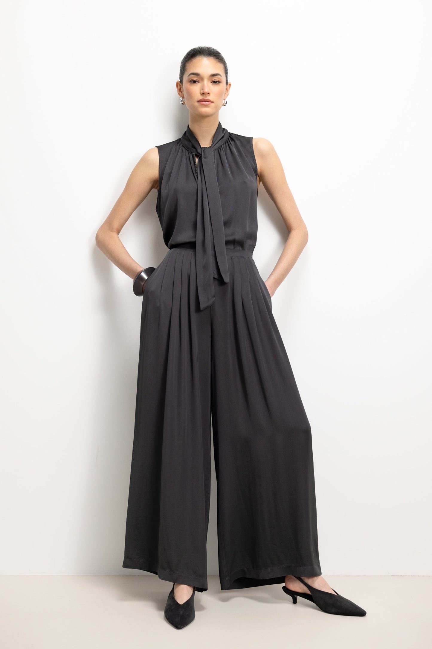 Arden Pleated Elastic Waist Satin Trousers | Anthracite