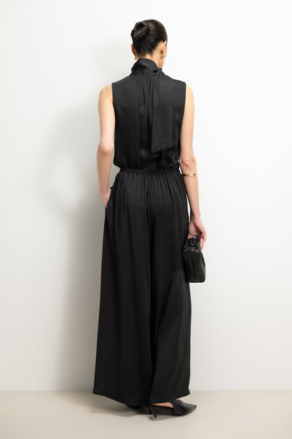 Lyanne Bow Neck Tie Satin Blouse | Black