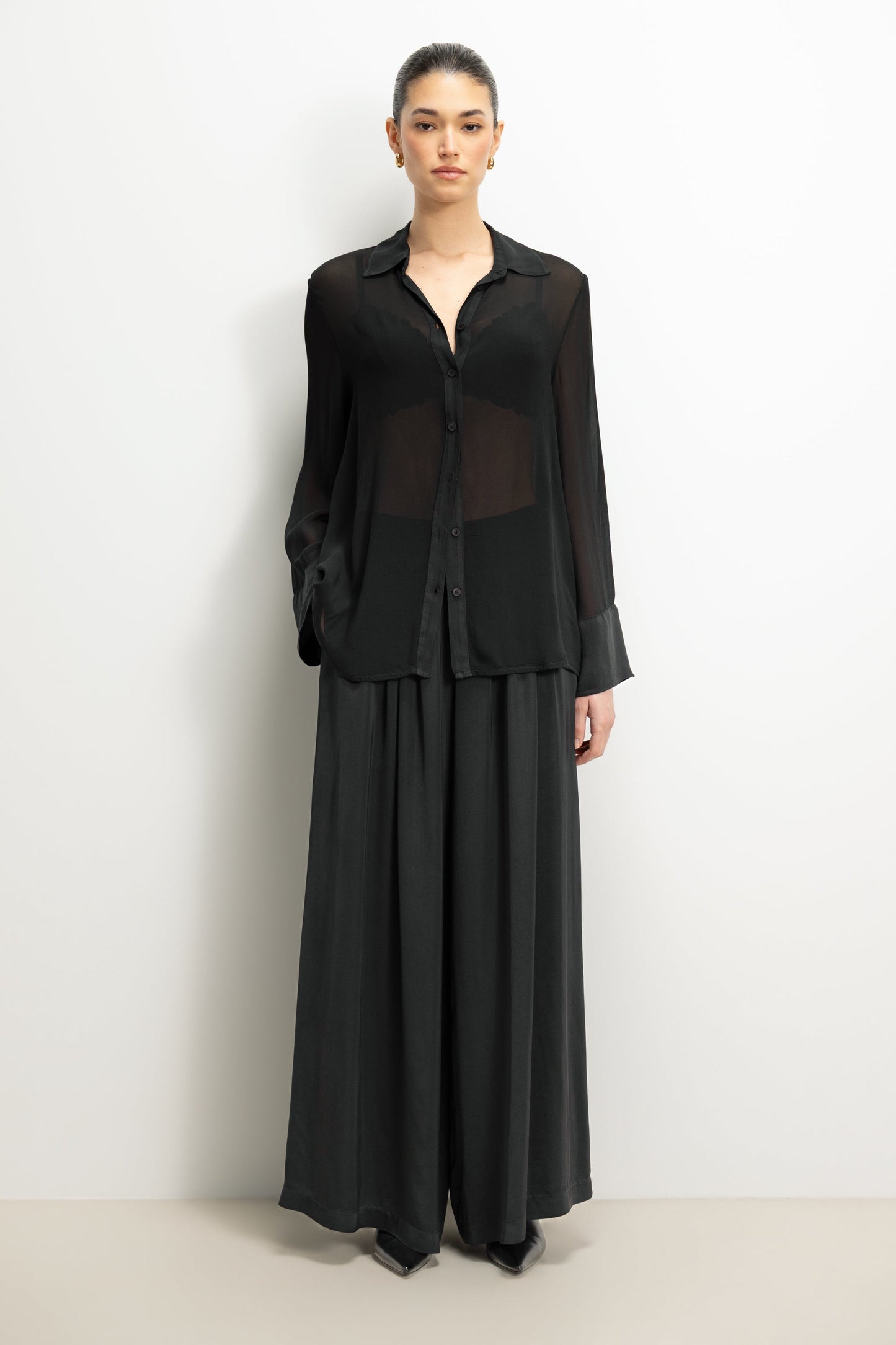 Arden Pleated Elastic Waist Satin Trousers | Black