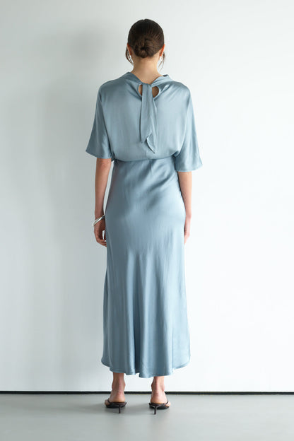 Genevieve Back Tie Satin Top | Dusty Blue