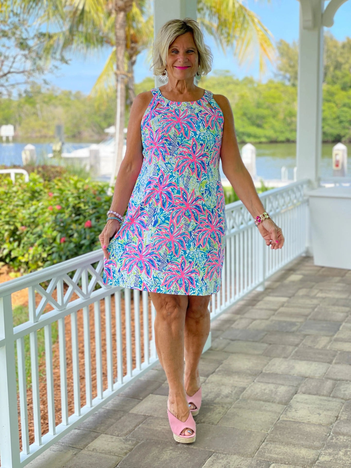 PINK PALM TREE BEACH HALTER DRESS